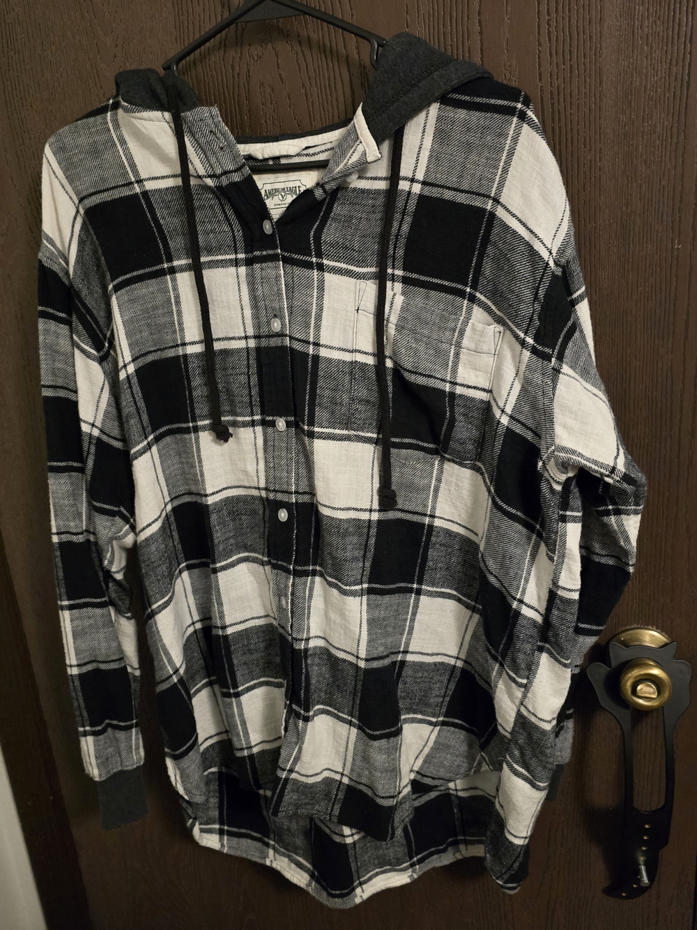American Eagle Outfitters Black and White Plaid Hooded Button-Down Shirt
